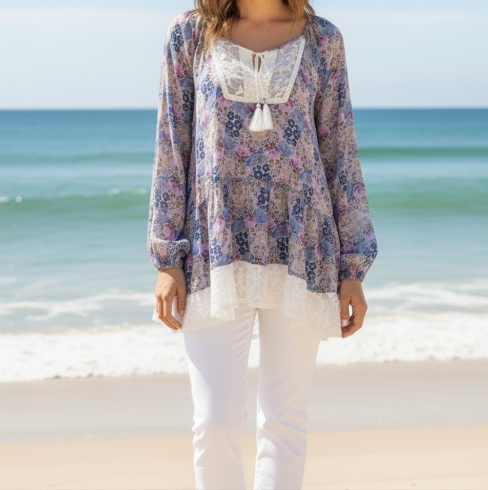 Matilda Jane Tunic Top XXL Multicolor Floral with Lace bohemian peasant - Picture 1 of 7